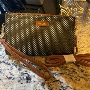 Relic Dylan Checkbook Crossbody Wallet Navy Blue White dots Brown Leather Trim